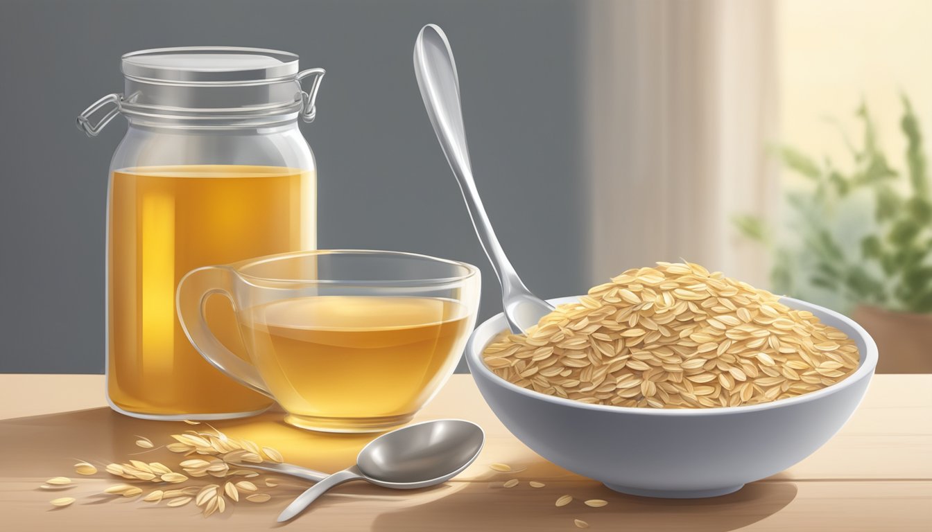 A bowl of oats and honey sits next to a measuring cup and spoon. A gentle breeze blows nearby, carrying the scent of fresh ingredients