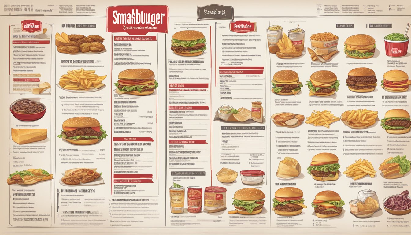 A table with various Smashburger menu items, accompanied by their respective nutritional information labels