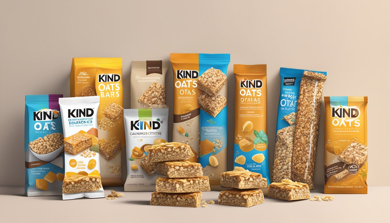 A bowl of Kind Energy Oats & Honey bars surrounded by various additional product varieties