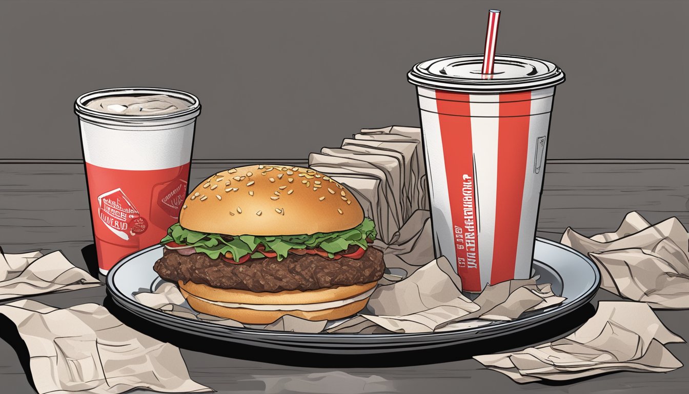 A greasy Smashburger sits on a plate, surrounded by empty soda cups and crumpled napkins. A nutrition label shows high levels of fat and sodium