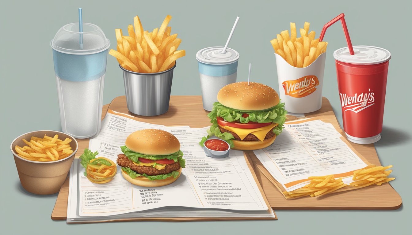 A table with Wendy's menu items, including burgers, fries, and soft drinks, alongside nutritional information highlighting high calorie, fat, and sodium content