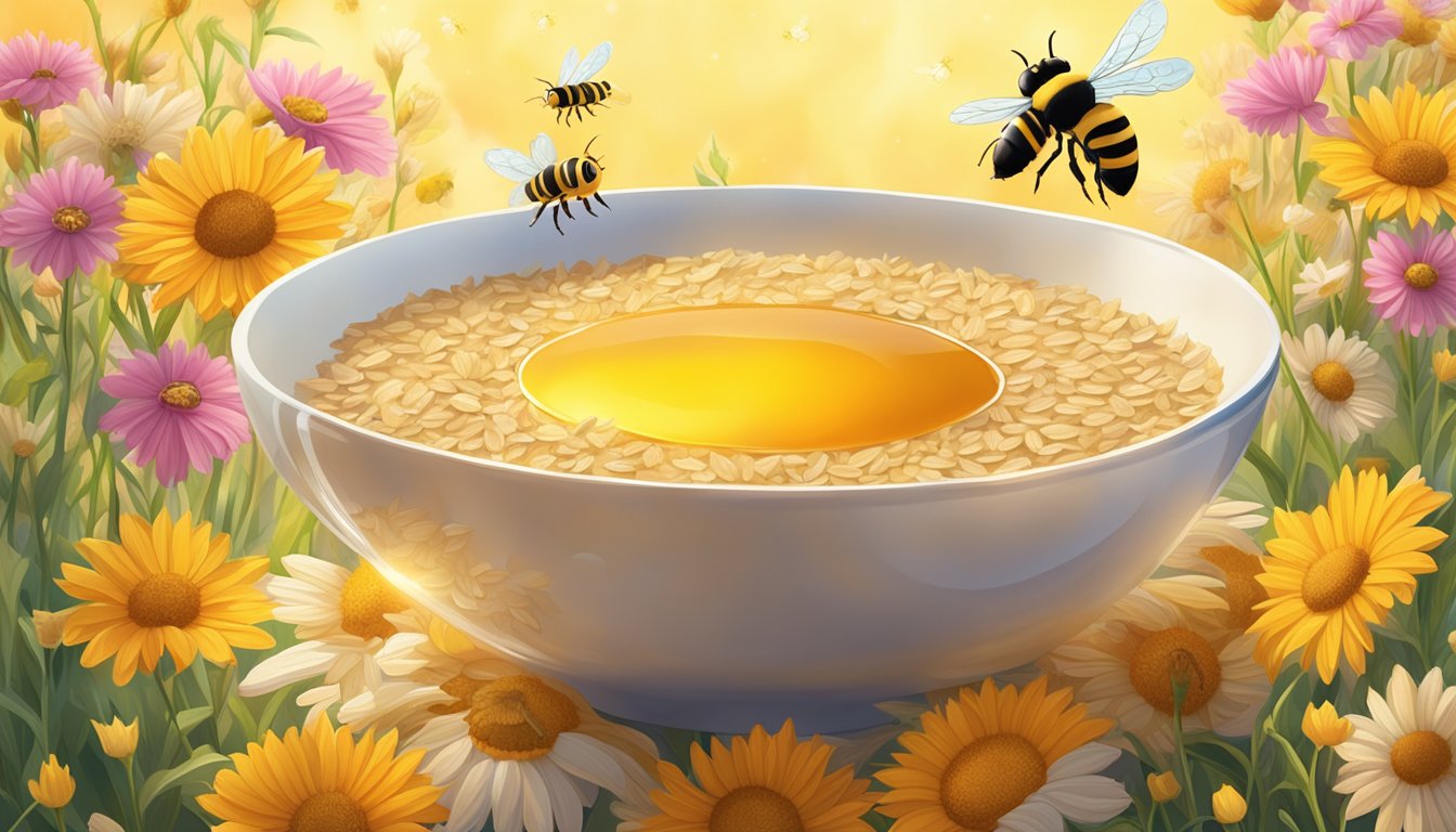 A smiling sun radiates warm light onto a bowl of oats and honey, surrounded by vibrant flowers and buzzing bees