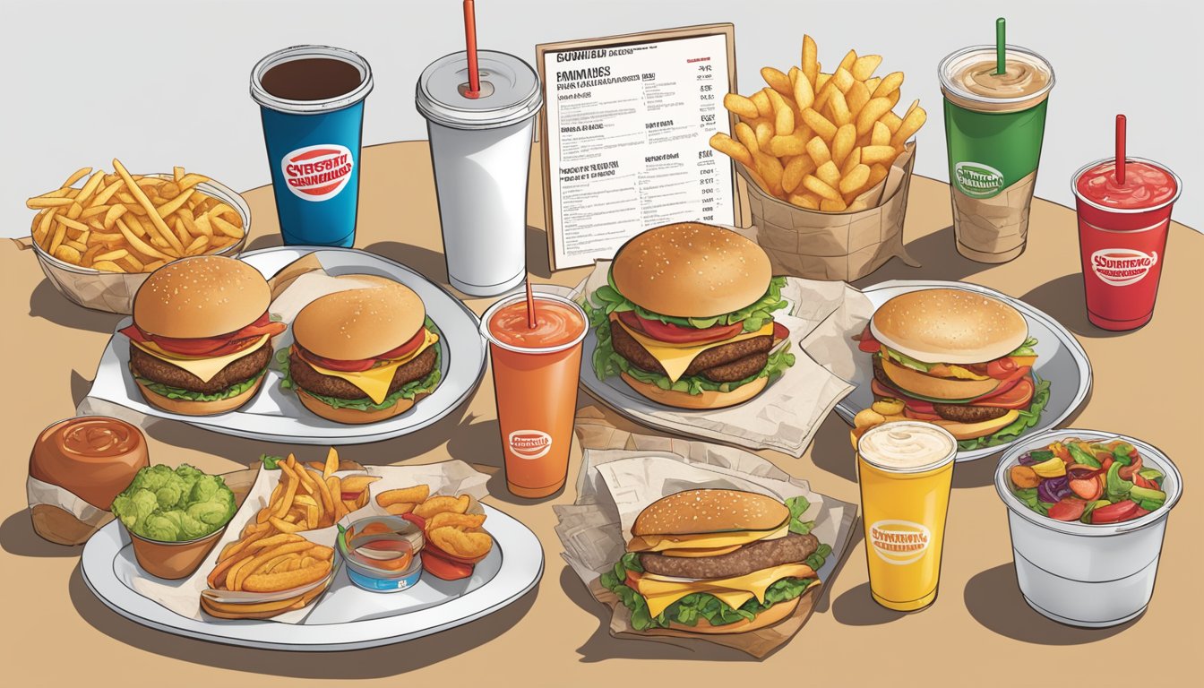 A table with a variety of fast-food items spread out, including Smashburger's menu items, surrounded by nutritional information and comparison charts