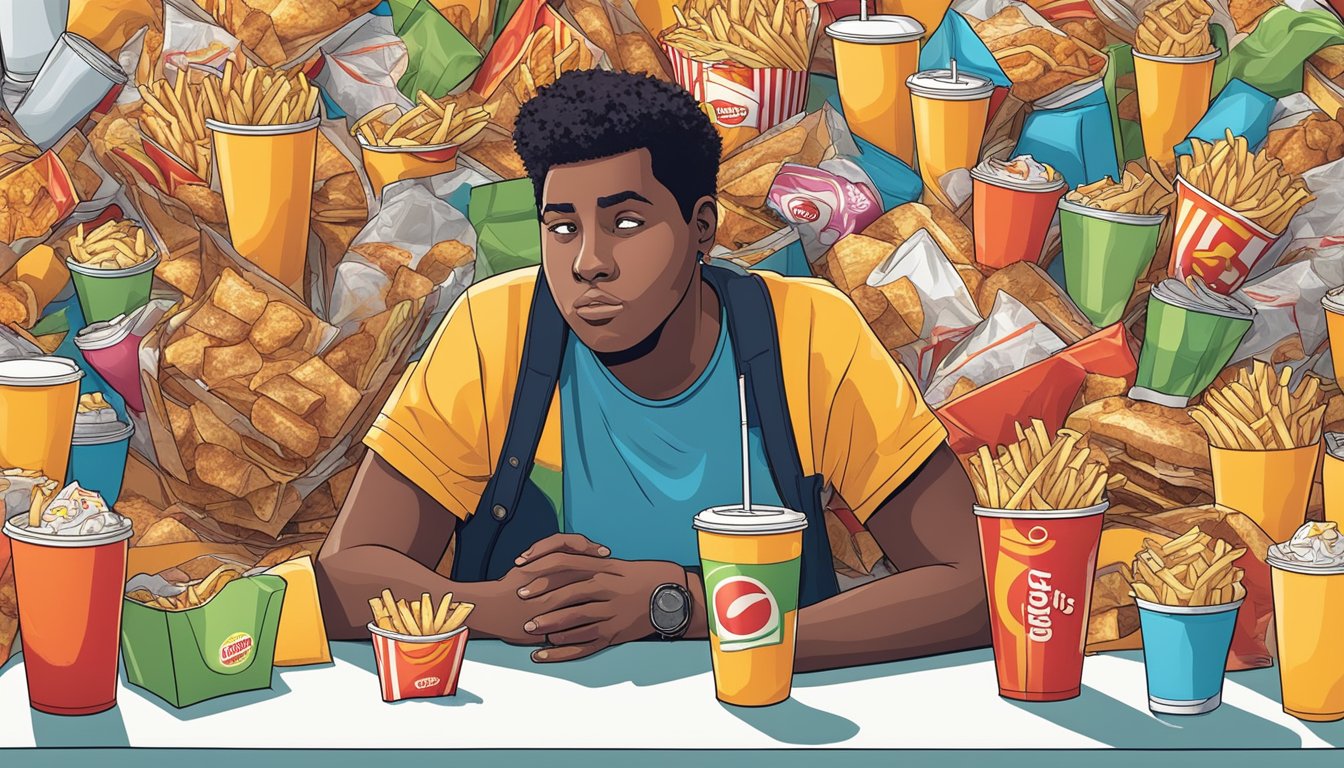 A person sitting at a table surrounded by fast food wrappers, soda cups, and greasy fries, with a concerned look on their face