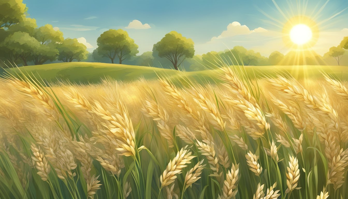 A bright sun shines down on a field of oats and honey plants, surrounded by gentle breezes and positive energy. A nutritional facts label floats in the air