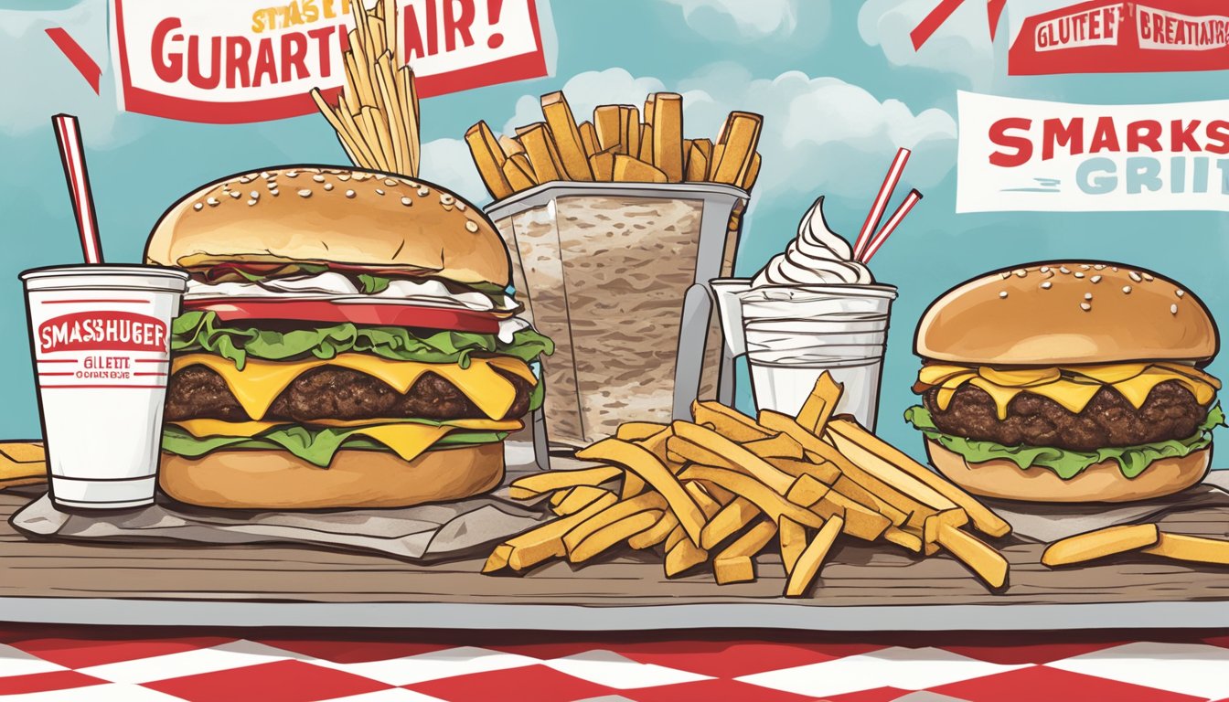 A spread of greasy burgers, fries, and milkshakes at Smashburger, with a sign indicating gluten-free and vegetarian options available