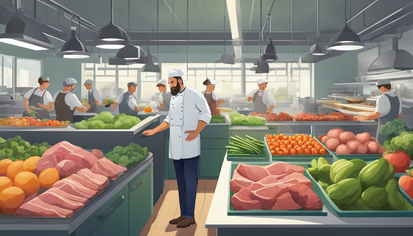 A farmer inspecting fresh, organic produce while a chef examines the quality of meat in a bustling kitchen