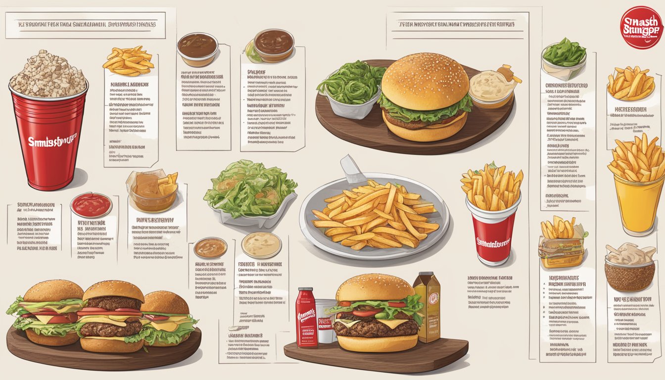 A table with a variety of signature and seasonal offerings from Smashburger, including burgers, fries, and shakes, displayed alongside nutritional information