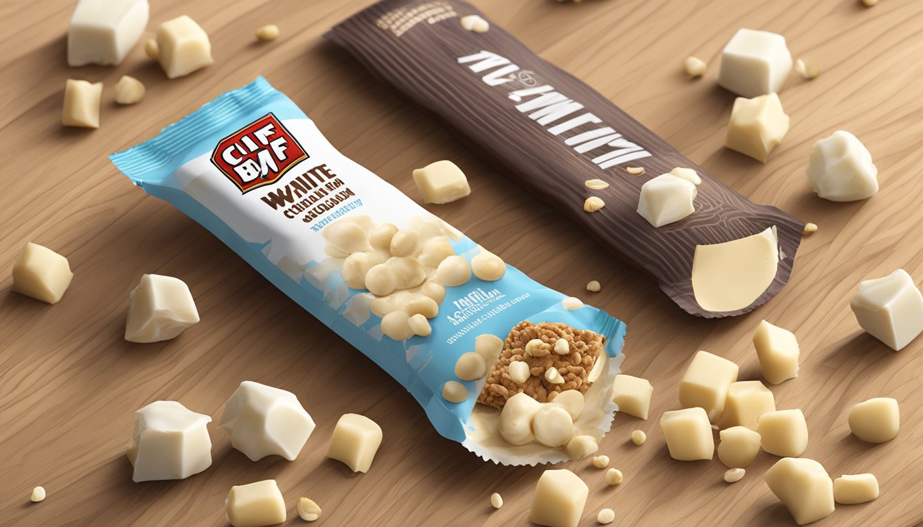 A Clif Bar White Chocolate Macadamia Nut surrounded by scattered macadamia nuts and chunks of white chocolate on a wooden surface