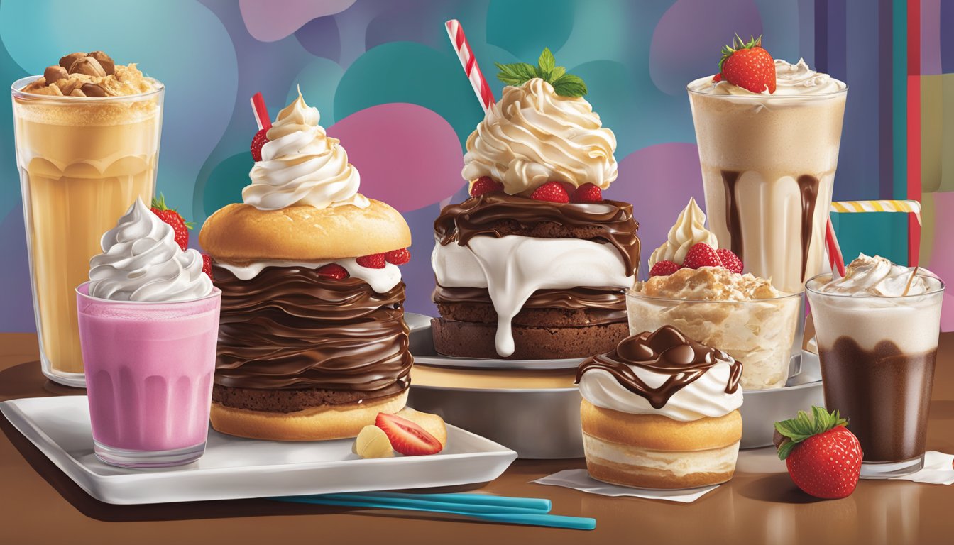 A colorful, mouth-watering illustration of a decadent dessert menu at Smashburger, featuring indulgent treats like milkshakes, sundaes, and rich, gooey brownies