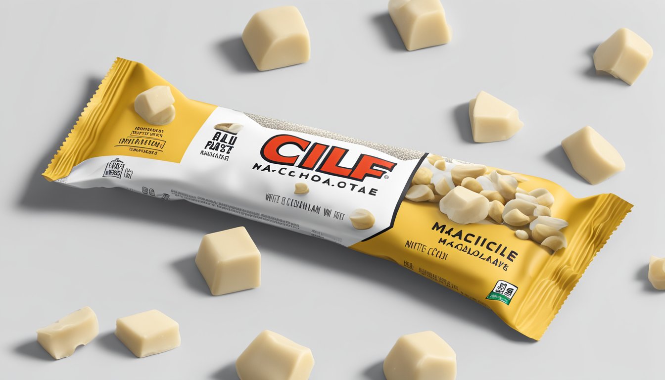 A Clif Bar White Chocolate Macadamia Nut sits on a clean, white surface. The packaging is open to reveal the nutritional facts panel