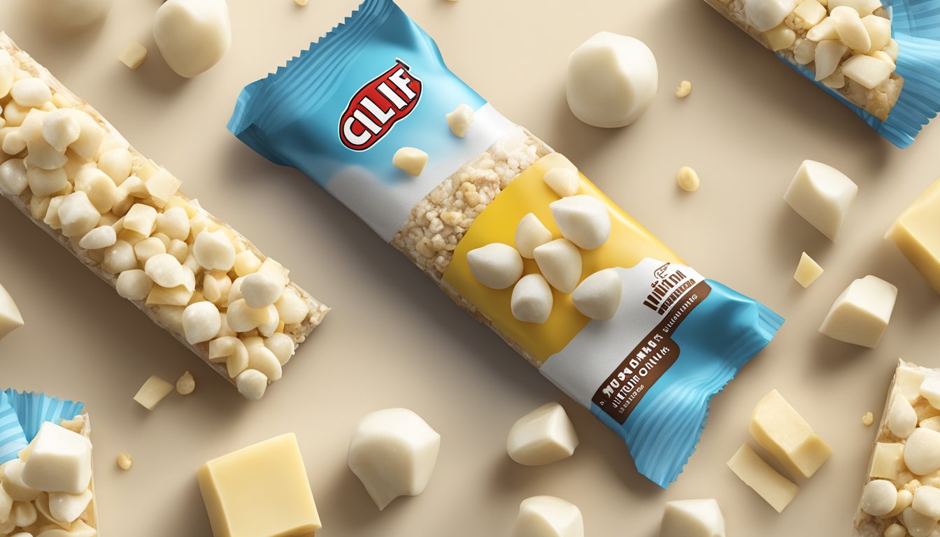 A Clif Bar White Chocolate Macadamia Nut surrounded by whole macadamia nuts and chunks of white chocolate