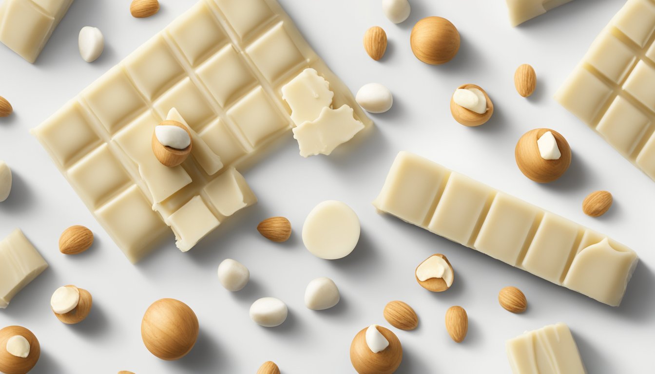 A Clif Bar White Chocolate Macadamia Nut sits on a clean, white surface surrounded by scattered macadamia nuts and pieces of white chocolate