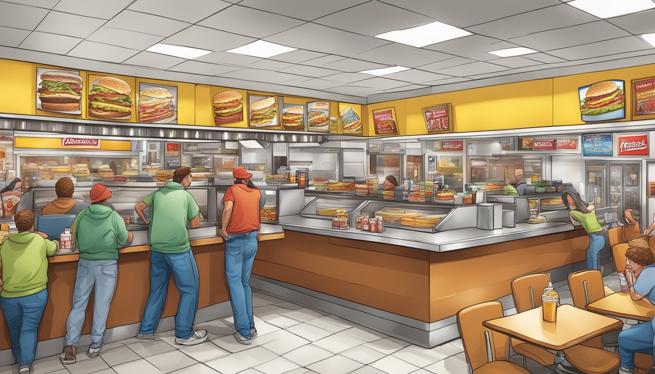 A crowded Hardee's restaurant with greasy fast food and sugary drinks on display