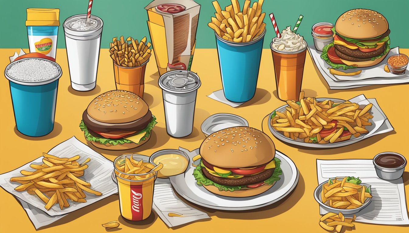 A table covered with fast food items, including burgers, fries, and sodas, with their nutritional information displayed next to each item