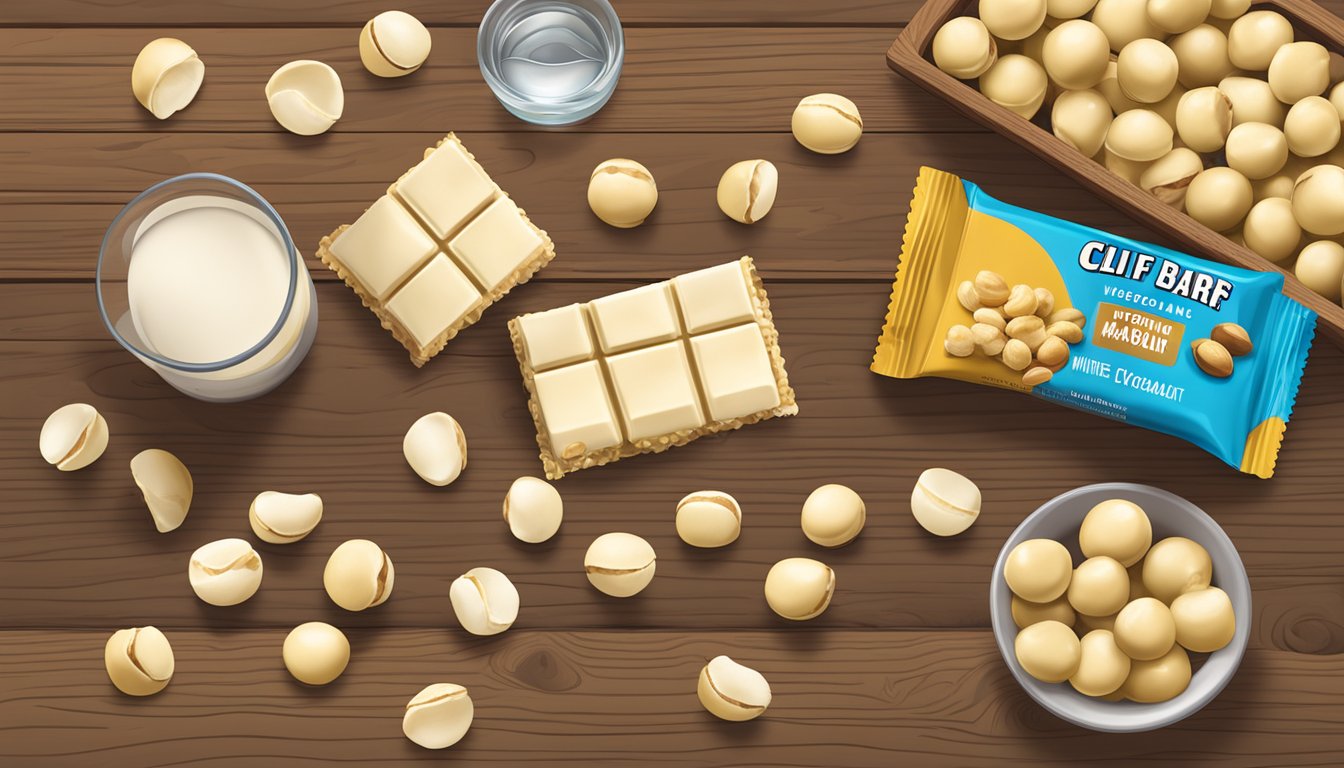 A Clif Bar White Chocolate Macadamia Nut surrounded by whole macadamia nuts and a glass of water on a wooden table