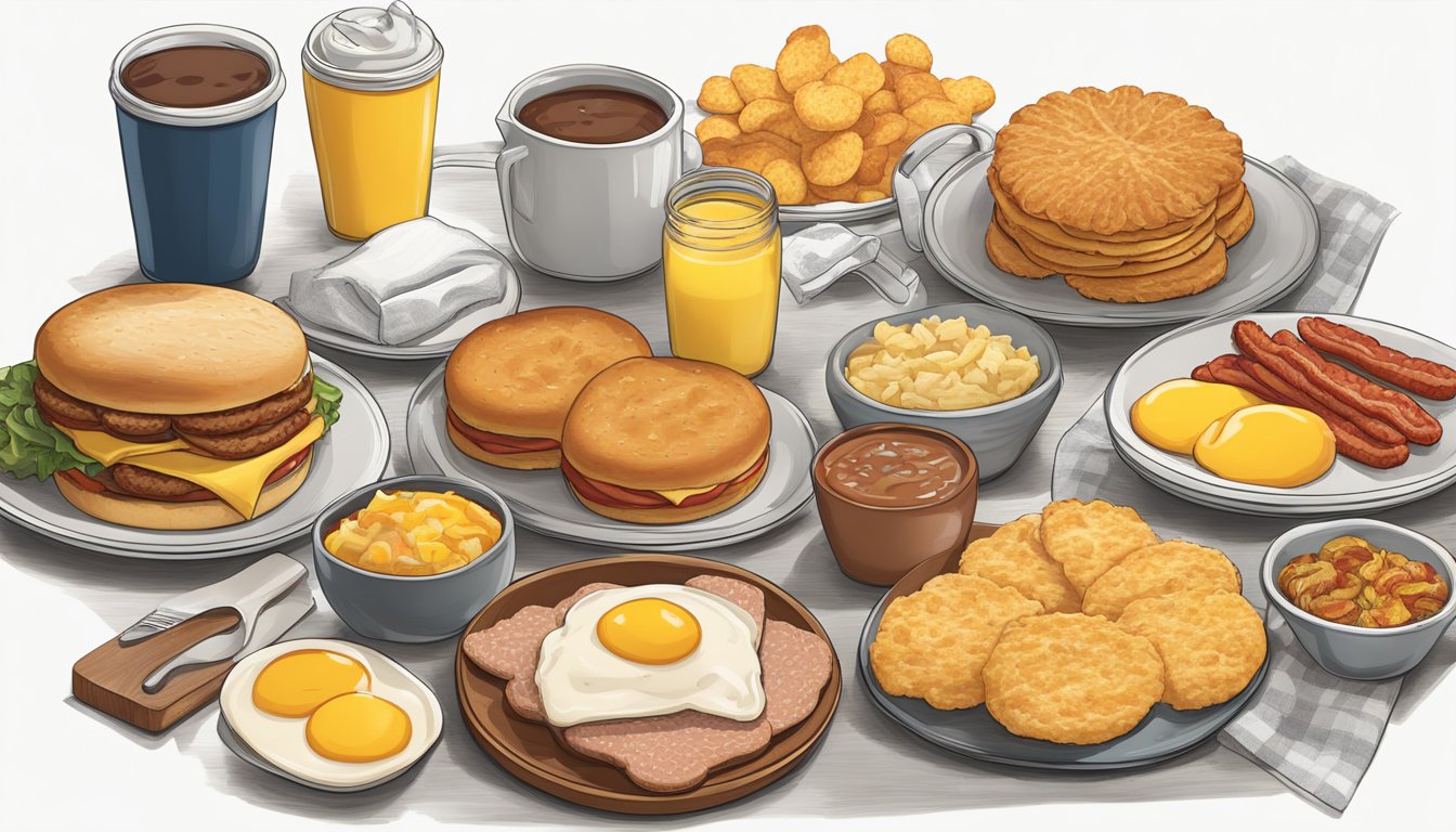 A table with a spread of Hardee's breakfast items, including biscuits, bacon, sausage, and hash browns, with a nutrition label showing high levels of calories, fat, and sodium