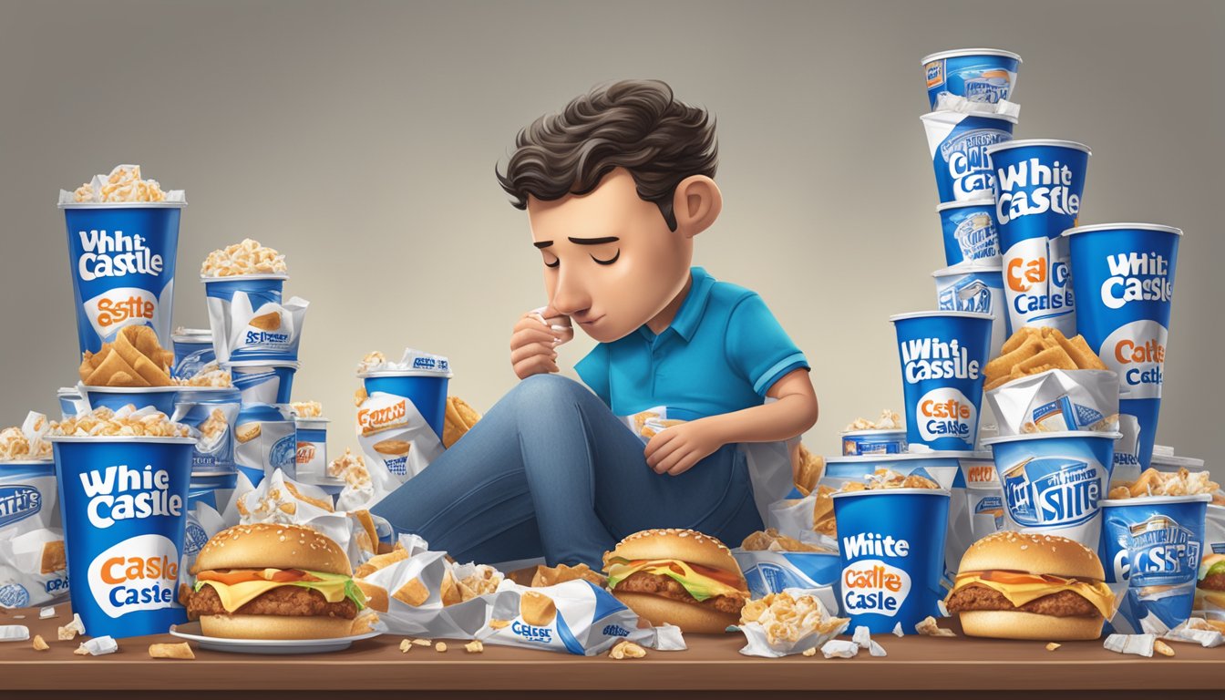 A pile of White Castle products surrounded by empty wrappers and soda cups, with a person slumped over in discomfort