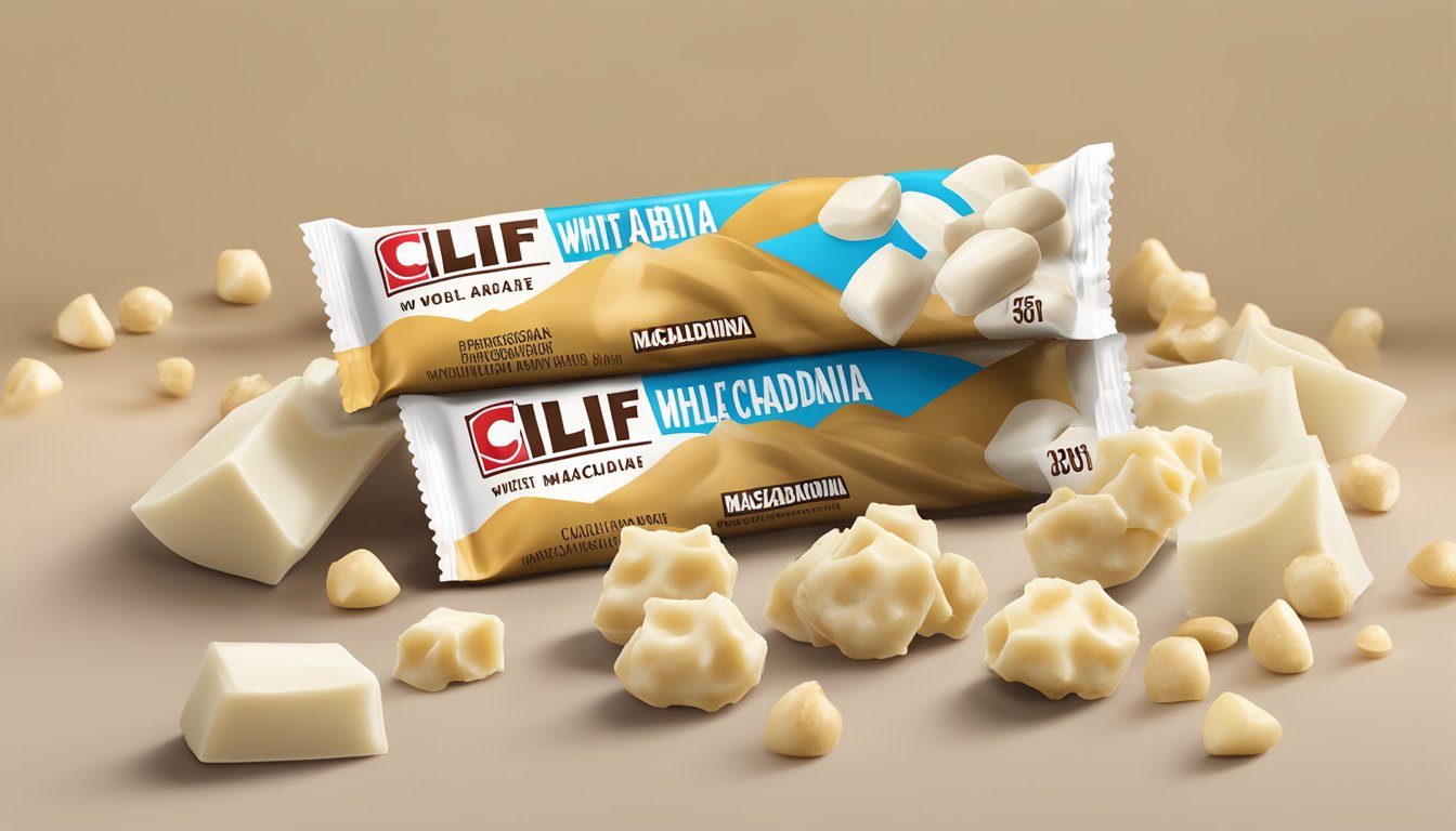 A Clif Bar White Chocolate Macadamia Nut surrounded by whole macadamia nuts and chunks of white chocolate