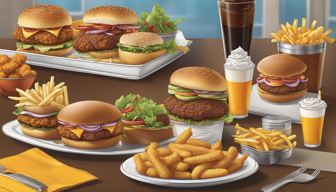 A table set with Hardee's main course options, including burgers, fries, and fried chicken, with large soda cups