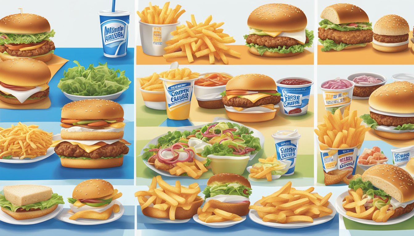 A colorful array of White Castle menu items, including sliders, fries, and salads, with clear labeling of dietary options and nutritional information