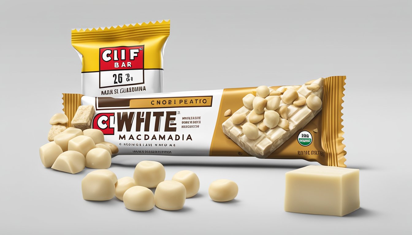 A Clif Bar White Chocolate Macadamia Nut sits on a clean, white surface, surrounded by its packaging and a serving size measuring tool