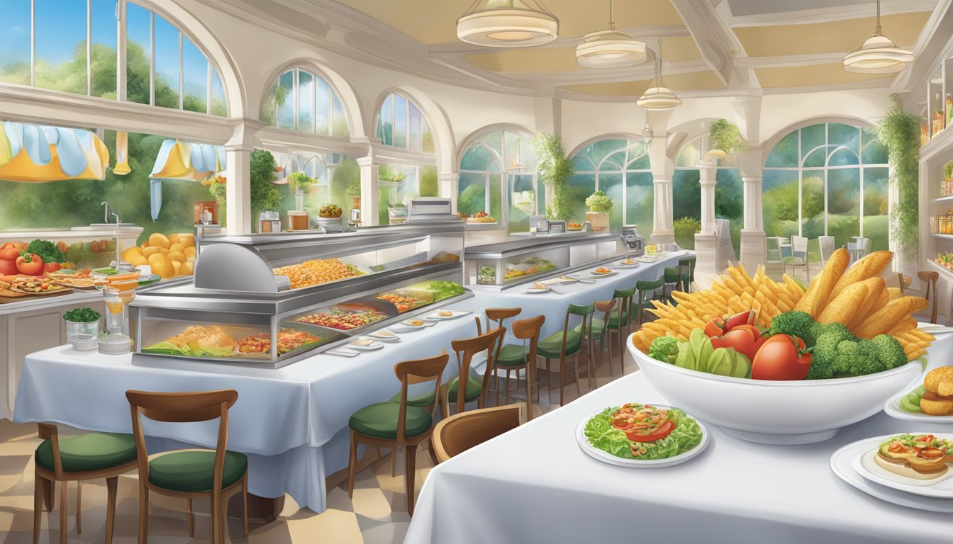 A colorful illustration of a White Castle restaurant with a variety of healthy food options displayed alongside the traditional menu items