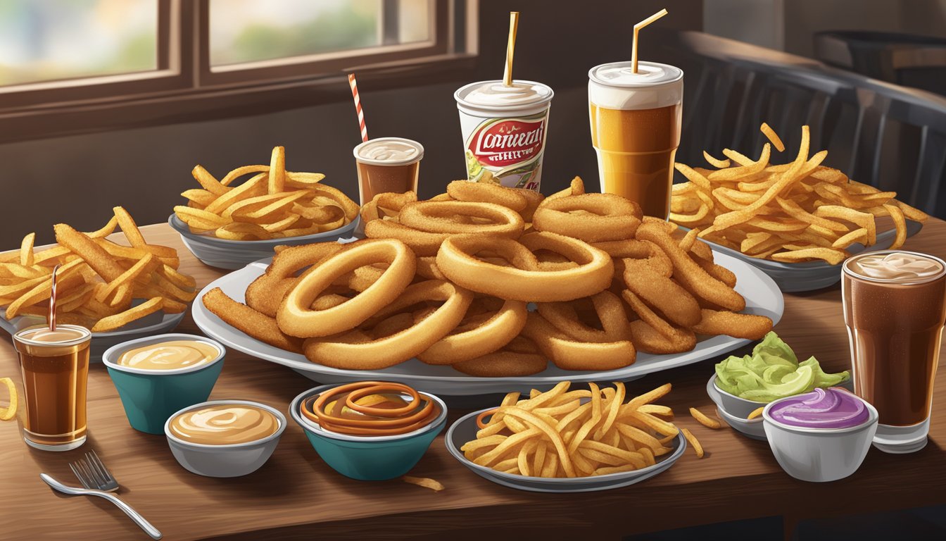 A table spread with greasy fries, onion rings, and loaded baked potatoes, surrounded by overflowing soda cups and dripping dipping sauces