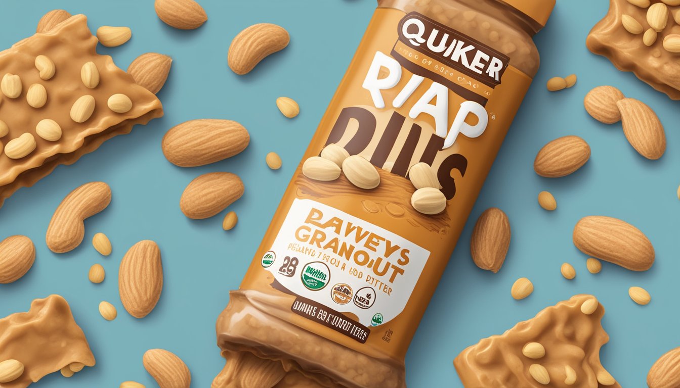 A close-up of a Quaker Chewy Dipps Peanut Butter granola bar surrounded by scattered peanuts and a jar of peanut butter