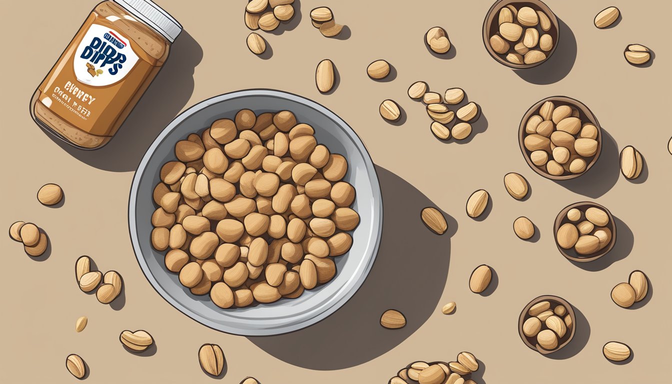 A bowl of Quaker Chewy Dipps Peanut Butter bars surrounded by scattered peanuts and a jar of peanut butter