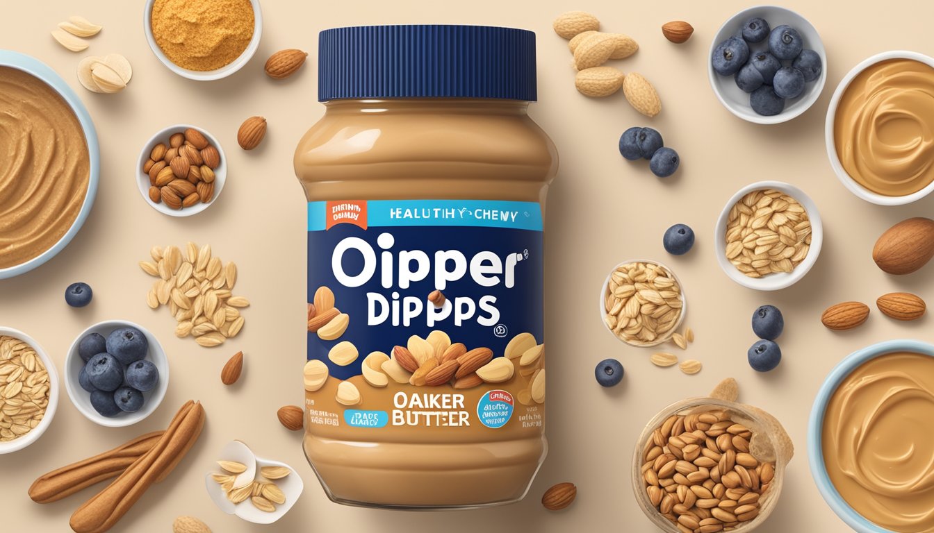 A jar of peanut butter surrounded by various healthy ingredients like oats, nuts, and fruits, with the nutritional facts of Quaker Chewy Dipps Peanut Butter displayed prominently