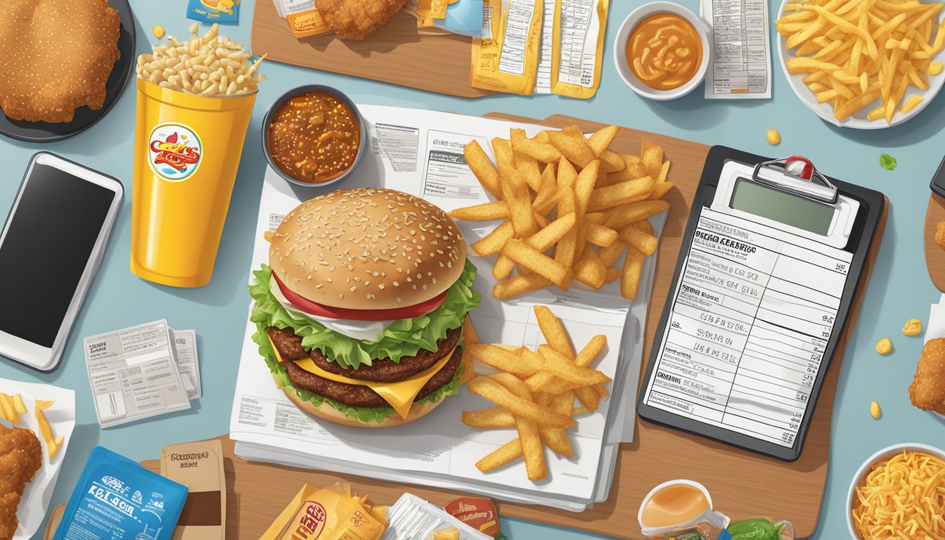 A table with a spread of Carl's Jr. menu items, surrounded by nutrition labels and a calculator