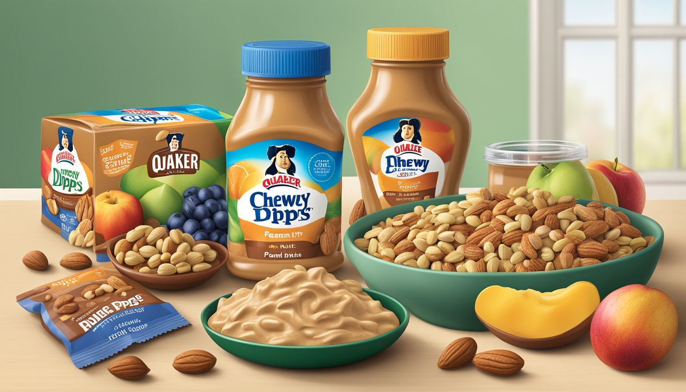 A table set with a package of Quaker Chewy Dipps Peanut Butter, surrounded by various fruits and nuts