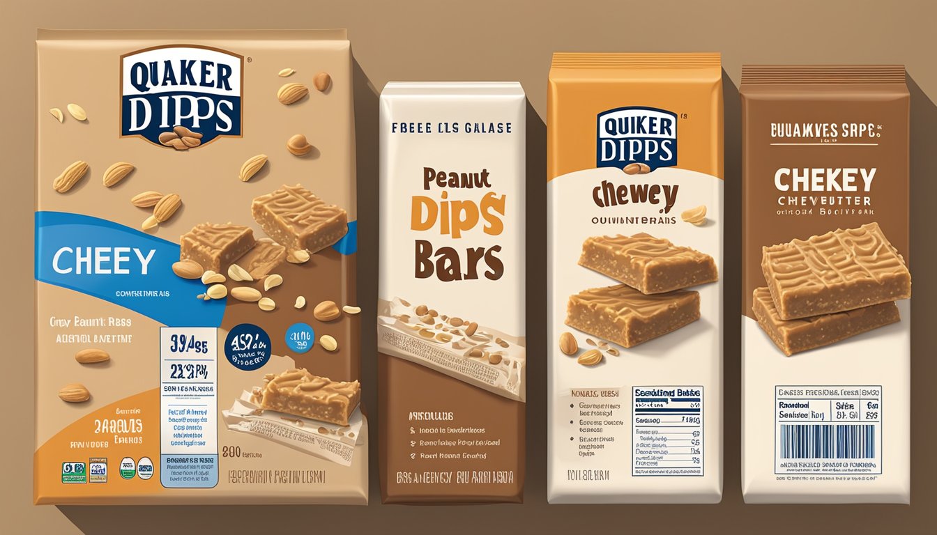 A table with a box of Quaker Chewy Dipps Peanut Butter bars, surrounded by scattered nutritional fact labels and a serving guidelines chart