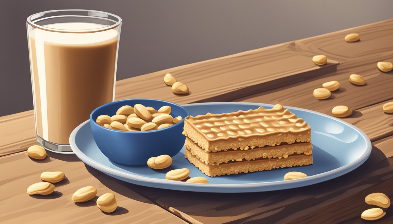 A Quaker Chewy Dipps Peanut Butter bar surrounded by scattered peanuts and a glass of milk on a wooden table