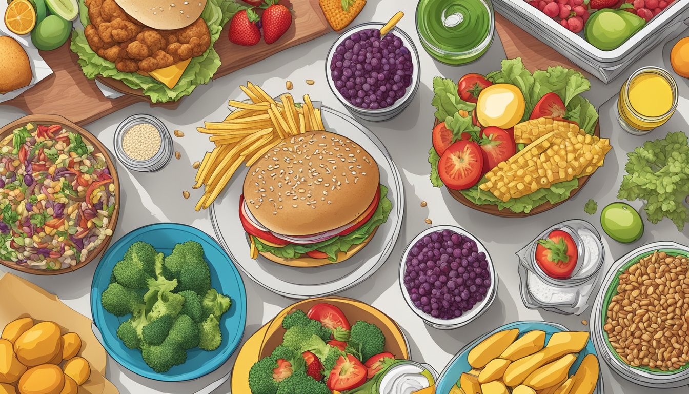 A table with a variety of colorful fruits, vegetables, grains, and lean proteins, surrounded by fast food wrappers and soda cups from Carl's Jr