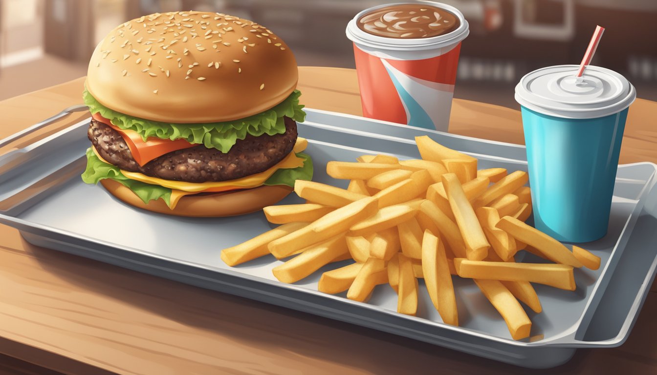 A greasy burger and fries sit next to a large soda on a fast food tray. Empty wrappers and cups litter the table