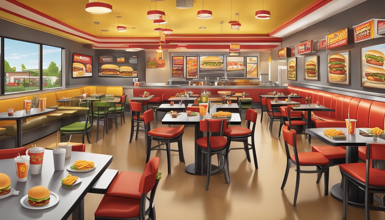 A bustling Fatburger restaurant with oversized burgers, fries, and milkshakes on every table. Customers enjoy indulgent, unhealthy meals in a lively atmosphere