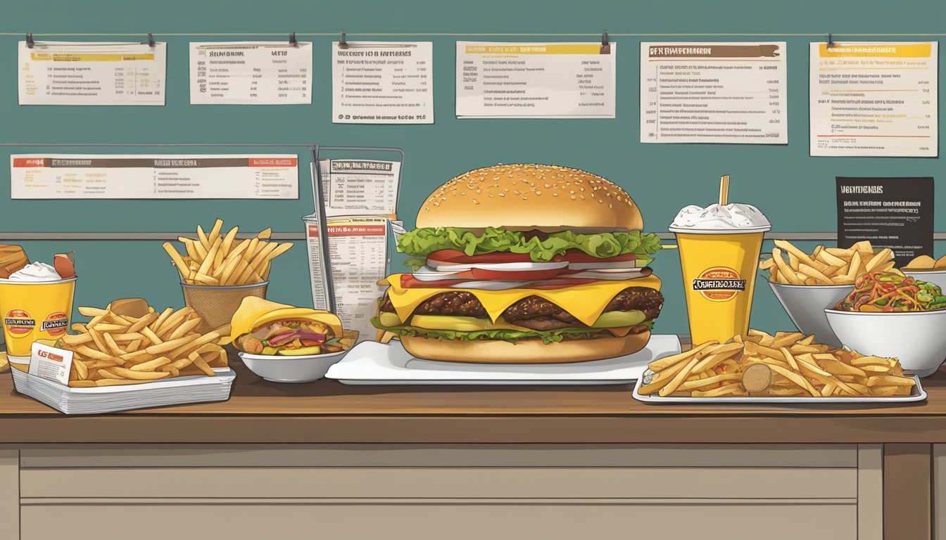 A table with a spread of Fatburger menu items, surrounded by nutritional information labels and a scale for measuring portion sizes