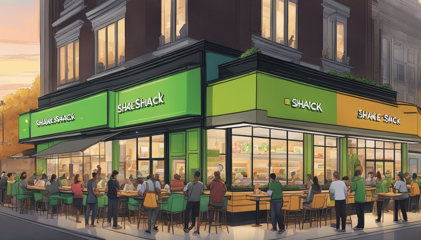 A bustling Shake Shack with a long line of customers, colorful menu board, and staff preparing burgers and fries