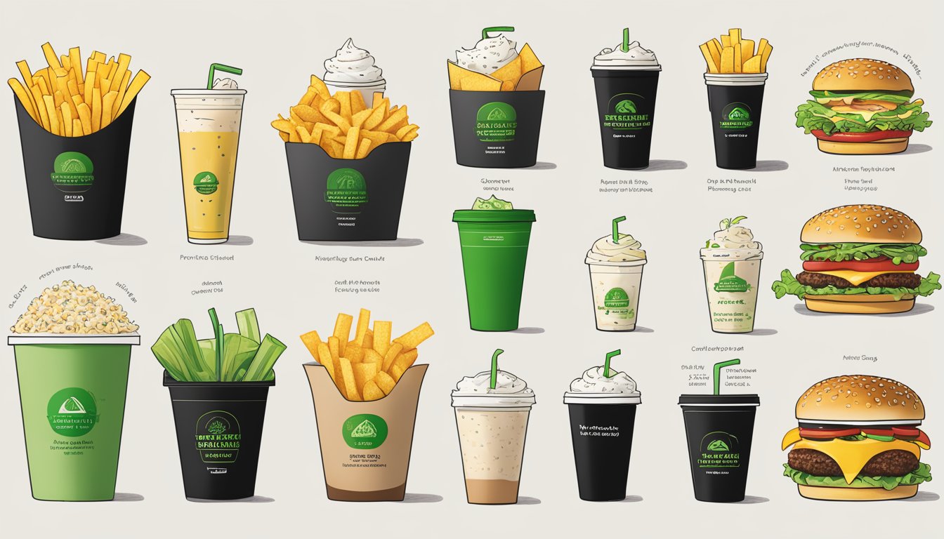 A spread of Shake Shack menu items with their corresponding nutritional information displayed next to each item