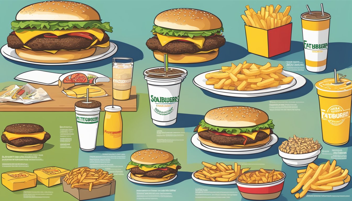 A table with greasy burgers, fries, and sodas from various fast-food chains, with a nutrition chart comparing Fatburger's unhealthy content