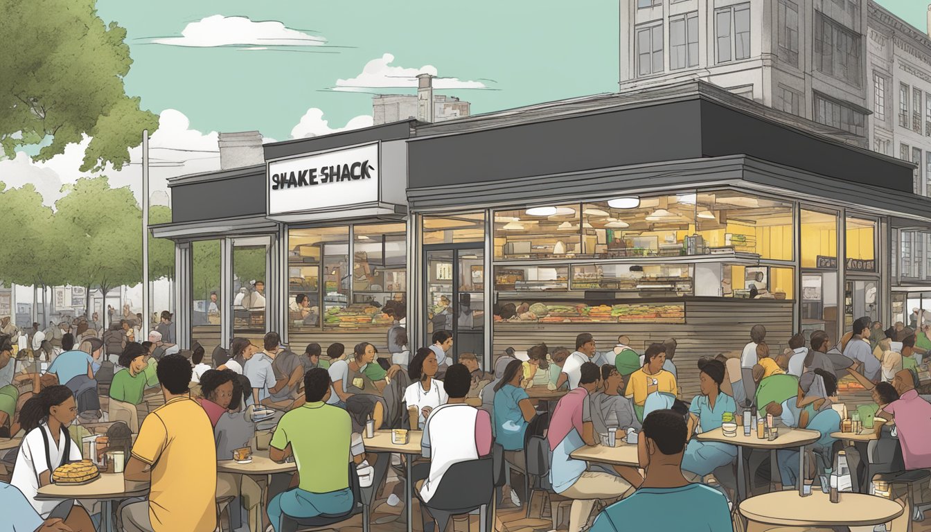 A crowded Shake Shack with greasy burgers and fries, customers eating quickly, while a large "unhealthy" label hovers over the scene