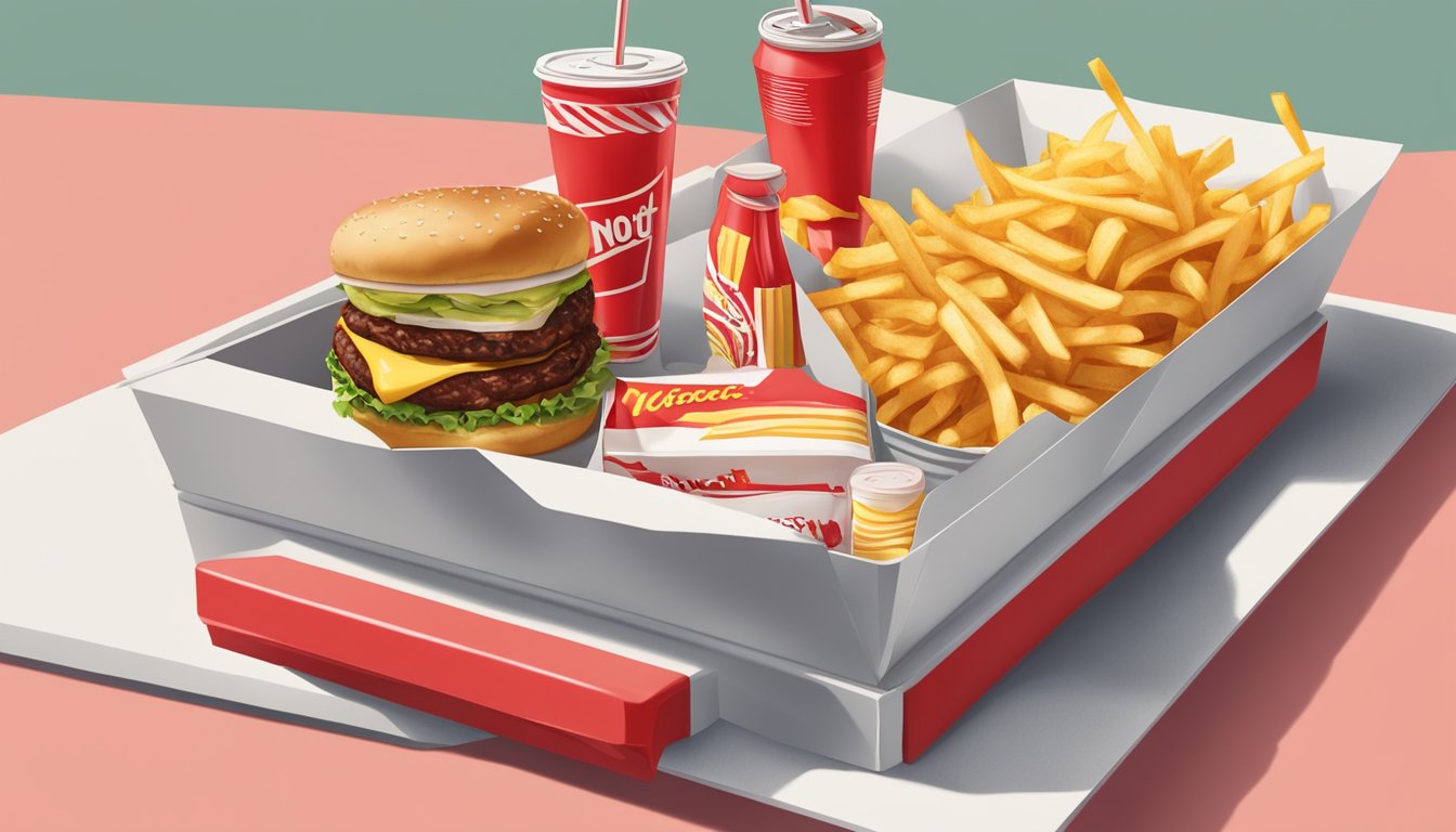 A greasy In-N-Out Burger sits on a tray with a pile of fries, a sugary soda, and a ketchup packet