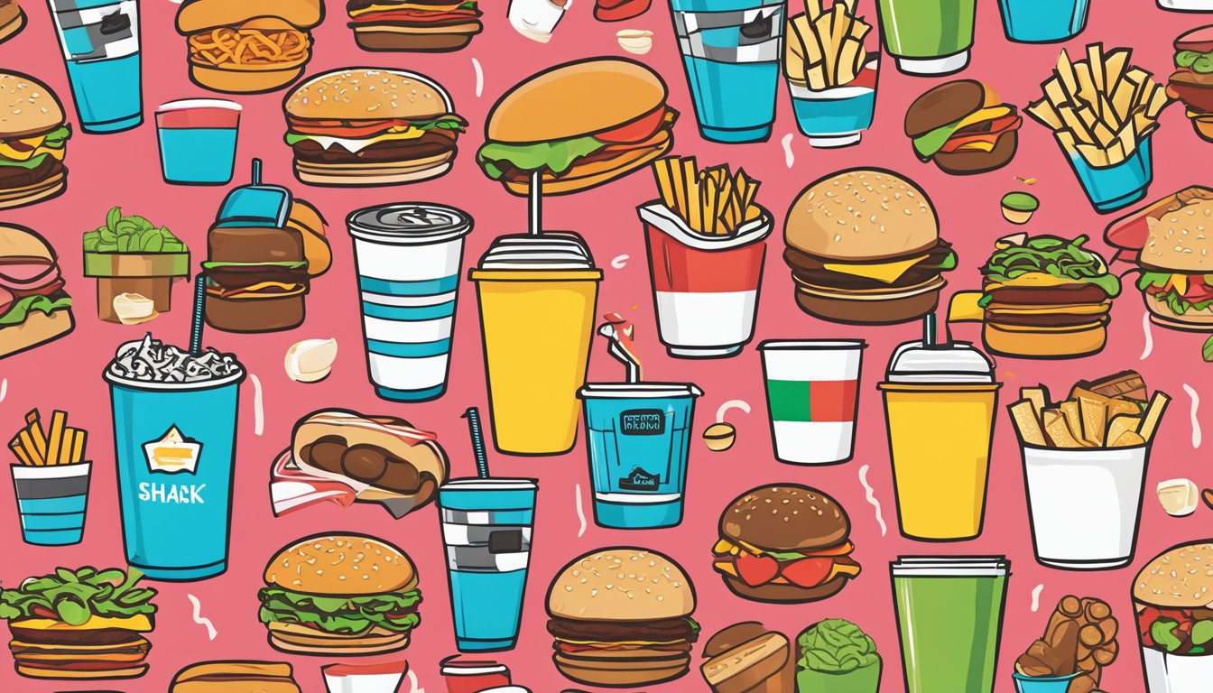 A colorful illustration of a Shake Shack menu surrounded by various unhealthy food items, such as burgers, fries, and milkshakes, with red warning symbols indicating high levels of fat, calories, and sodium