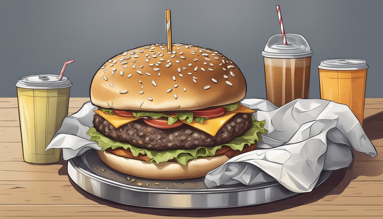 A greasy burger sits abandoned on a tray, surrounded by empty soda cups and crumpled napkins