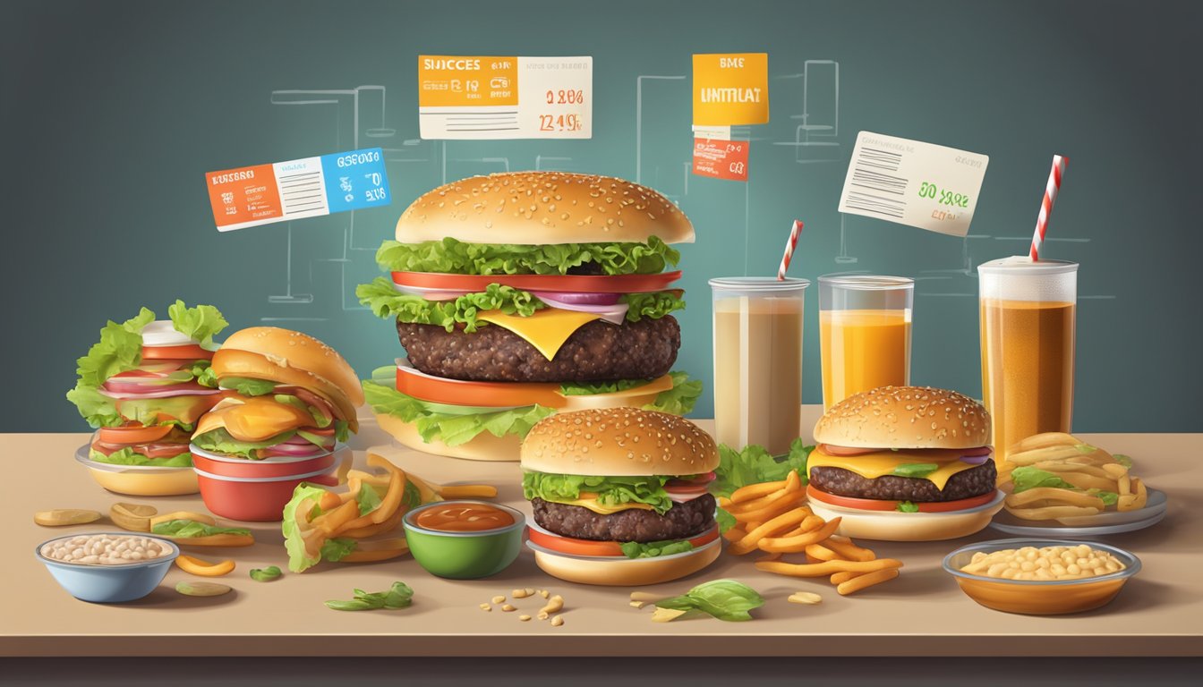 A table with burgers from various chains, surrounded by nutrition labels and a scale measuring levels of unhealthy ingredients