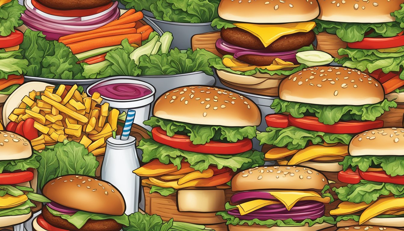 A colorful illustration of fresh vegetables and lean protein options, contrasting with greasy fast-food items from In-N-Out Burger