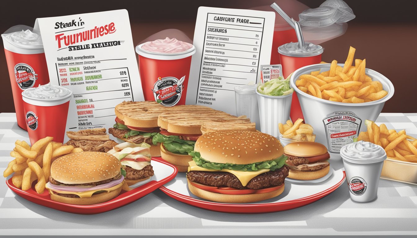 A table with various menu items from Steak 'n Shake, surrounded by nutritional information labels and charts