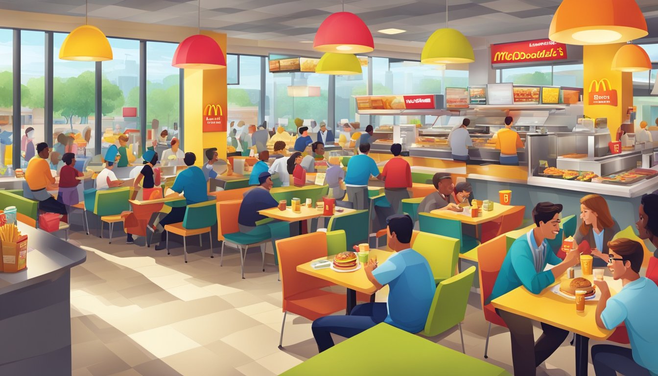 A bustling McDonald's restaurant with bright, colorful decor, busy staff, and customers enjoying fast food meals